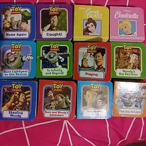 10 toy story books and 2 disney princess books